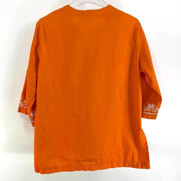 90s KAIL Vintage Orange Cotton Floral Embroidered Button Up Blouse - Picture 4 of 7